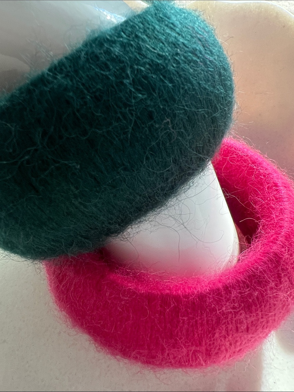 Fuzzy Woven Wide Slip-on Bracelet Set- Green & Pink